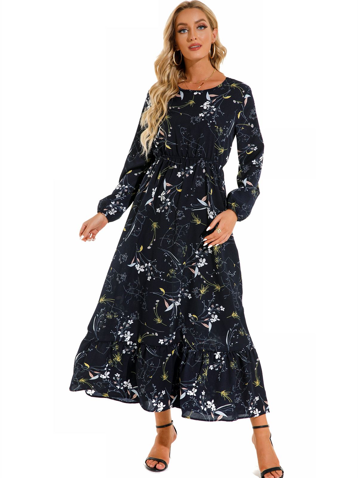 Sping Summer Bohemian Women Maxi Dress Casual Long Sleeve High Waist Beach Woman Chiffon Dresses Floral Vestidoes Mujer New