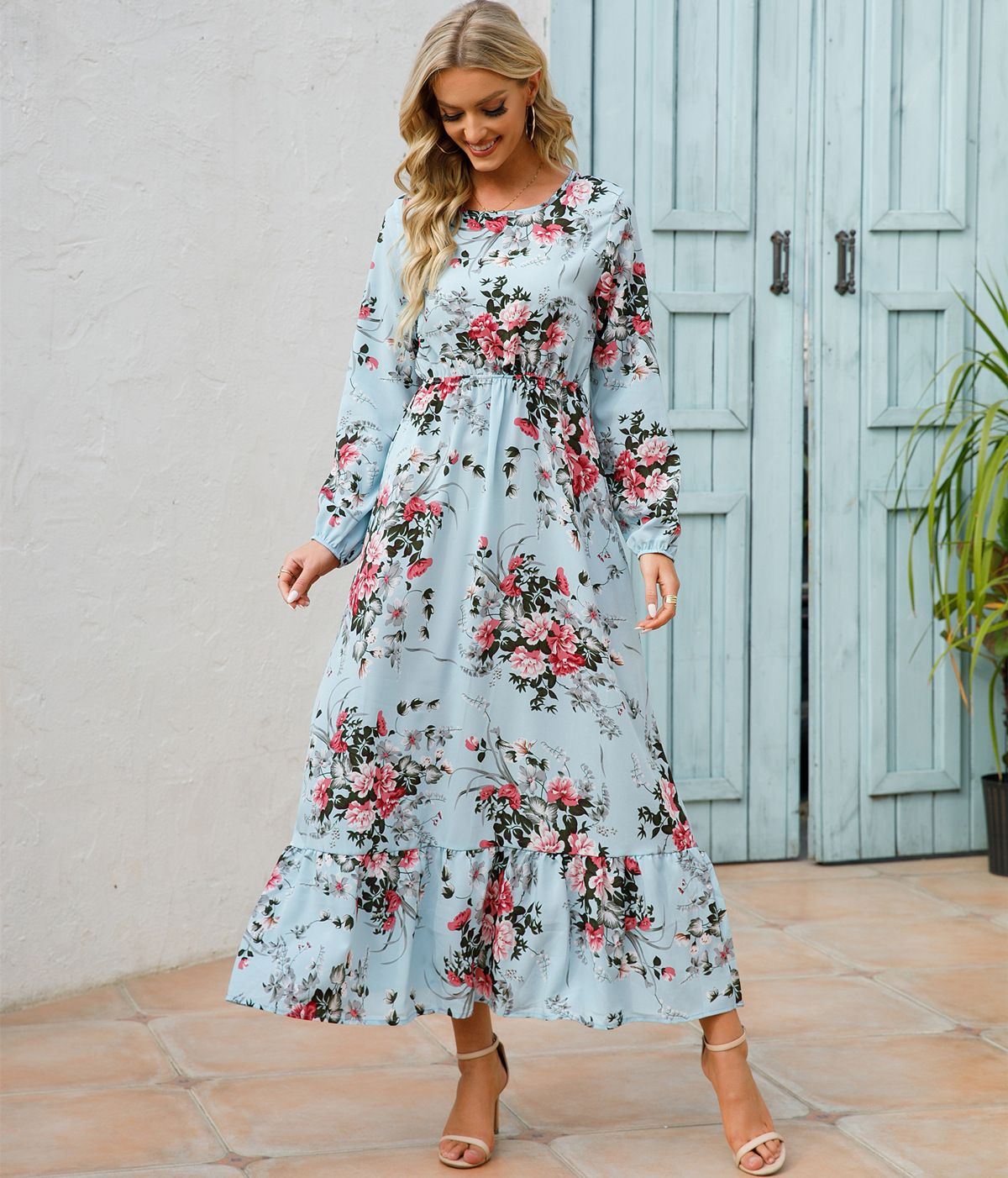 Sping Summer Bohemian Women Maxi Dress Casual Long Sleeve High Waist Beach Woman Chiffon Dresses Floral Vestidoes Mujer New