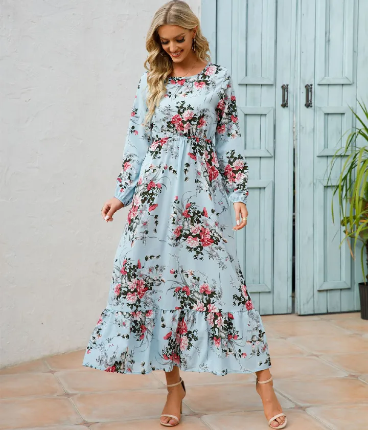 Sping Summer Bohemian Women Maxi Dress Casual Long Sleeve High Waist Beach Woman Chiffon Dresses Floral Vestidoes Mujer New