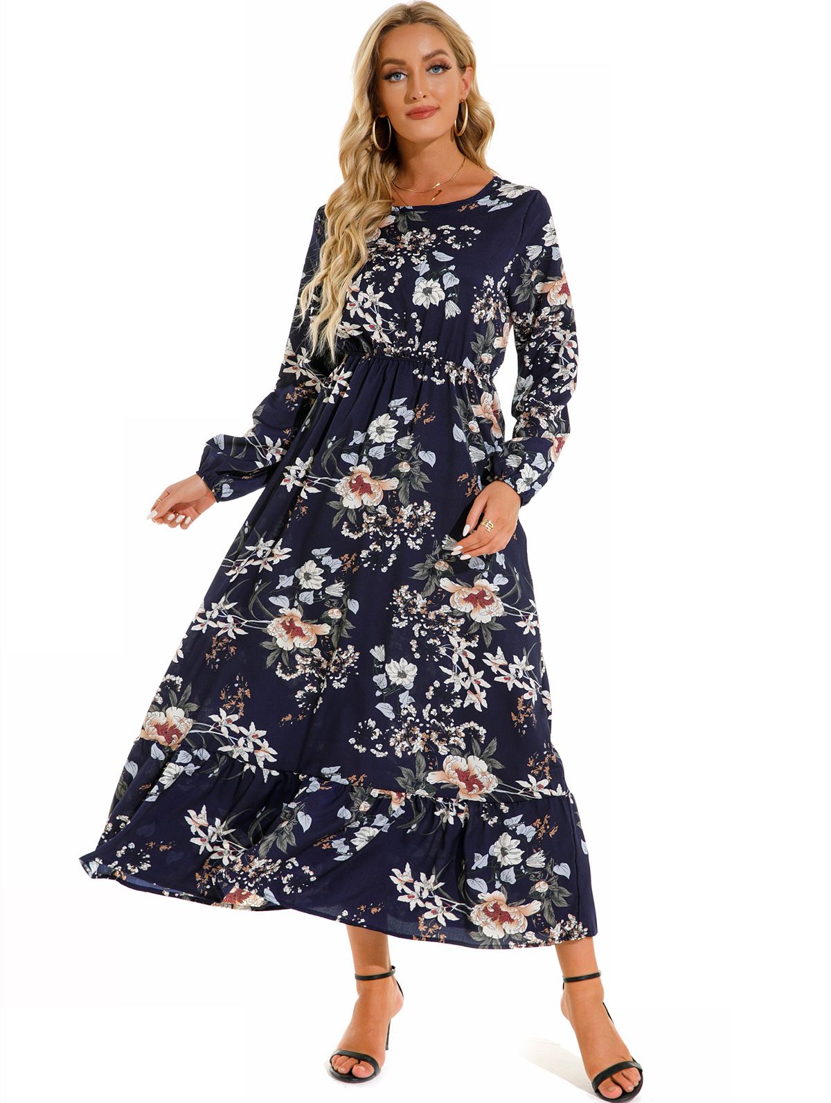 Sping Summer Bohemian Women Maxi Dress Casual Long Sleeve High Waist Beach Woman Chiffon Dresses Floral Vestidoes Mujer New