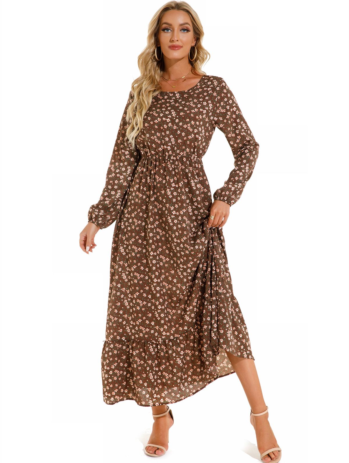 Sping Summer Bohemian Women Maxi Dress Casual Long Sleeve High Waist Beach Woman Chiffon Dresses Floral Vestidoes Mujer New