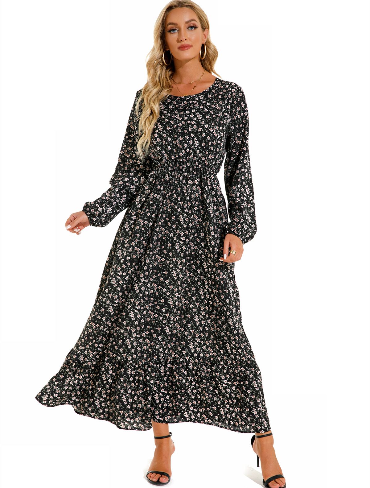 Sping Summer Bohemian Women Maxi Dress Casual Long Sleeve High Waist Beach Woman Chiffon Dresses Floral Vestidoes Mujer New