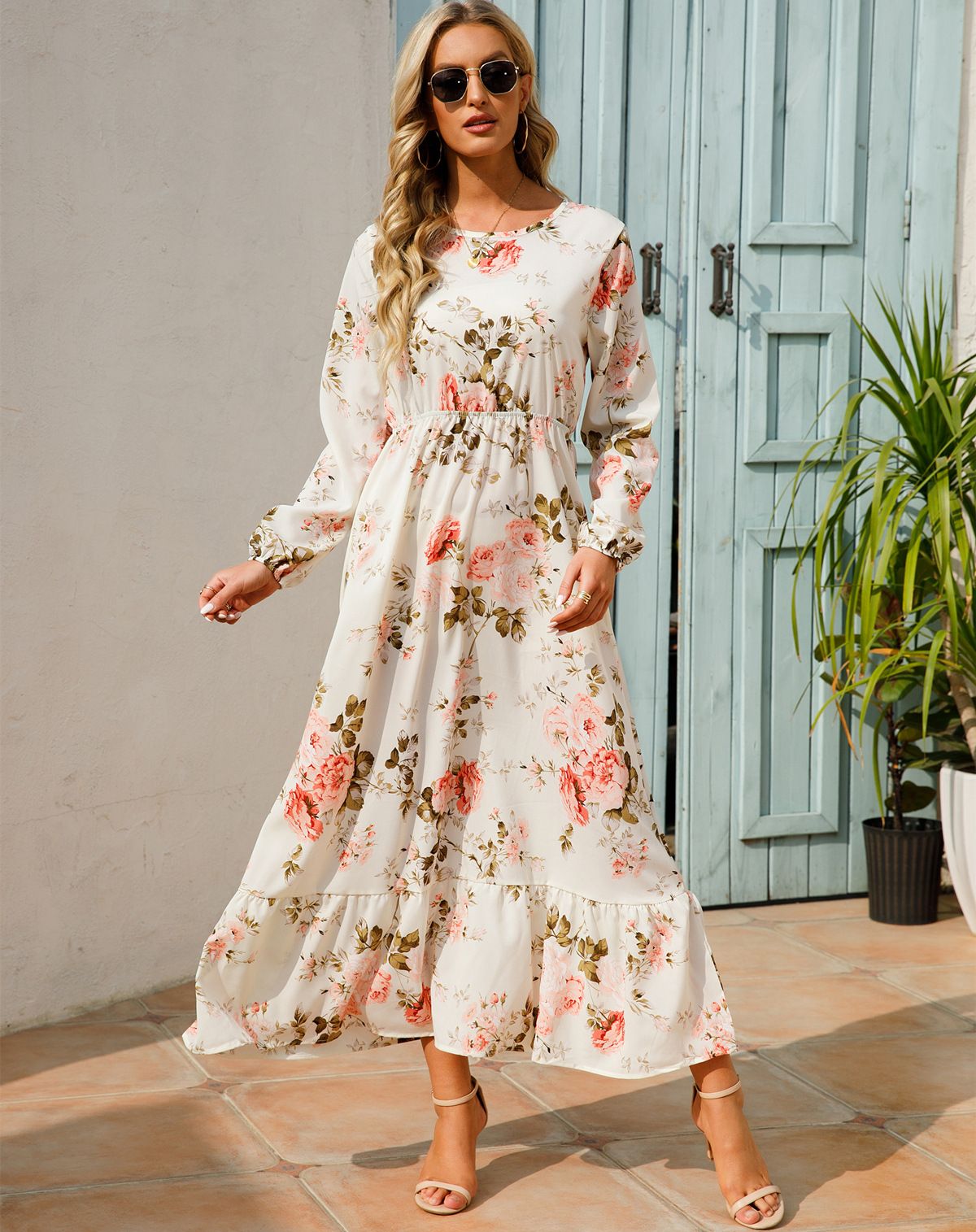 Sping Summer Bohemian Women Maxi Dress Casual Long Sleeve High Waist Beach Woman Chiffon Dresses Floral Vestidoes Mujer New