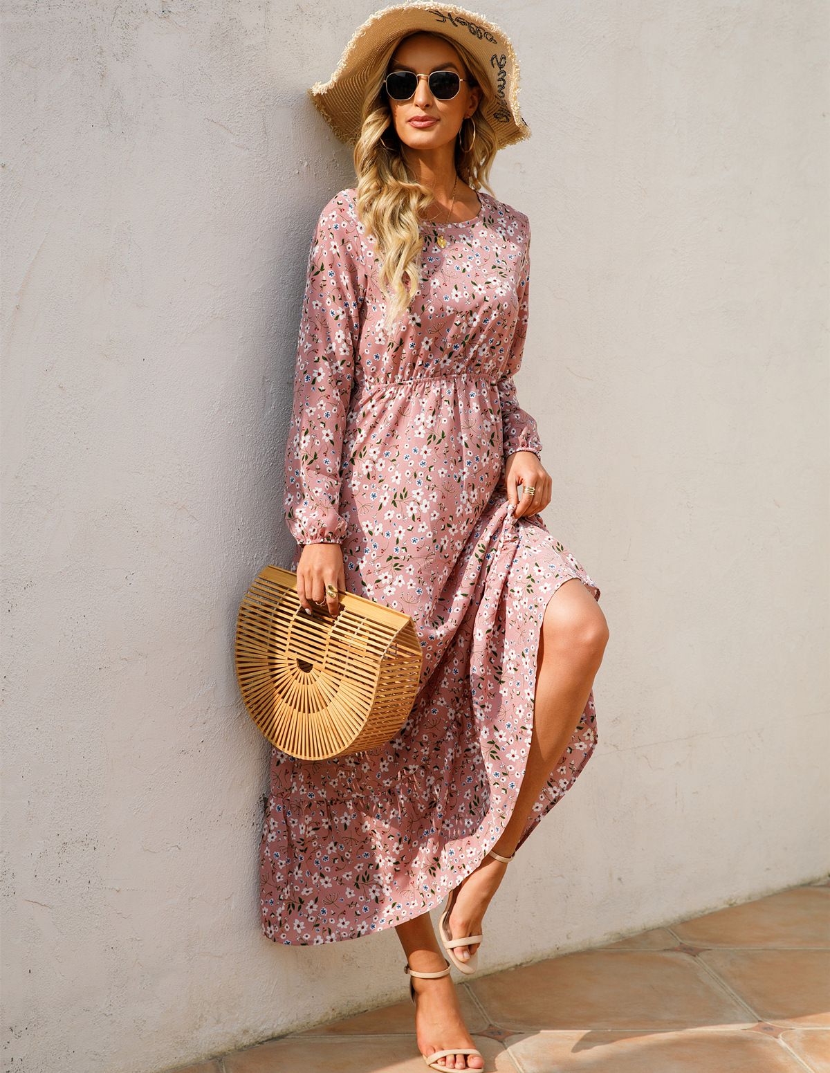 Sping Summer Bohemian Women Maxi Dress Casual Long Sleeve High Waist Beach Woman Chiffon Dresses Floral Vestidoes Mujer New