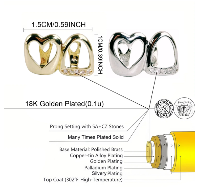Cool Double Split Zirconium Alloy Tooth Grills Smooth Gold Teeth Hollow Heart Pattern Hip Hop Versatile Body Piercing Jewelry