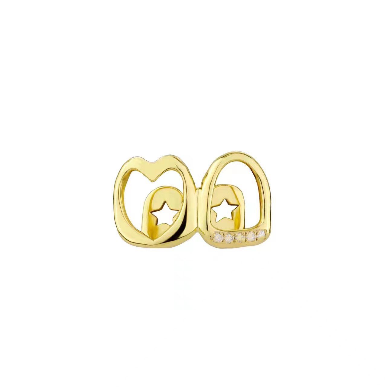 Cool Double Split Zirconium Alloy Tooth Grills Smooth Gold Teeth Hollow Heart Pattern Hip Hop Versatile Body Piercing Jewelry