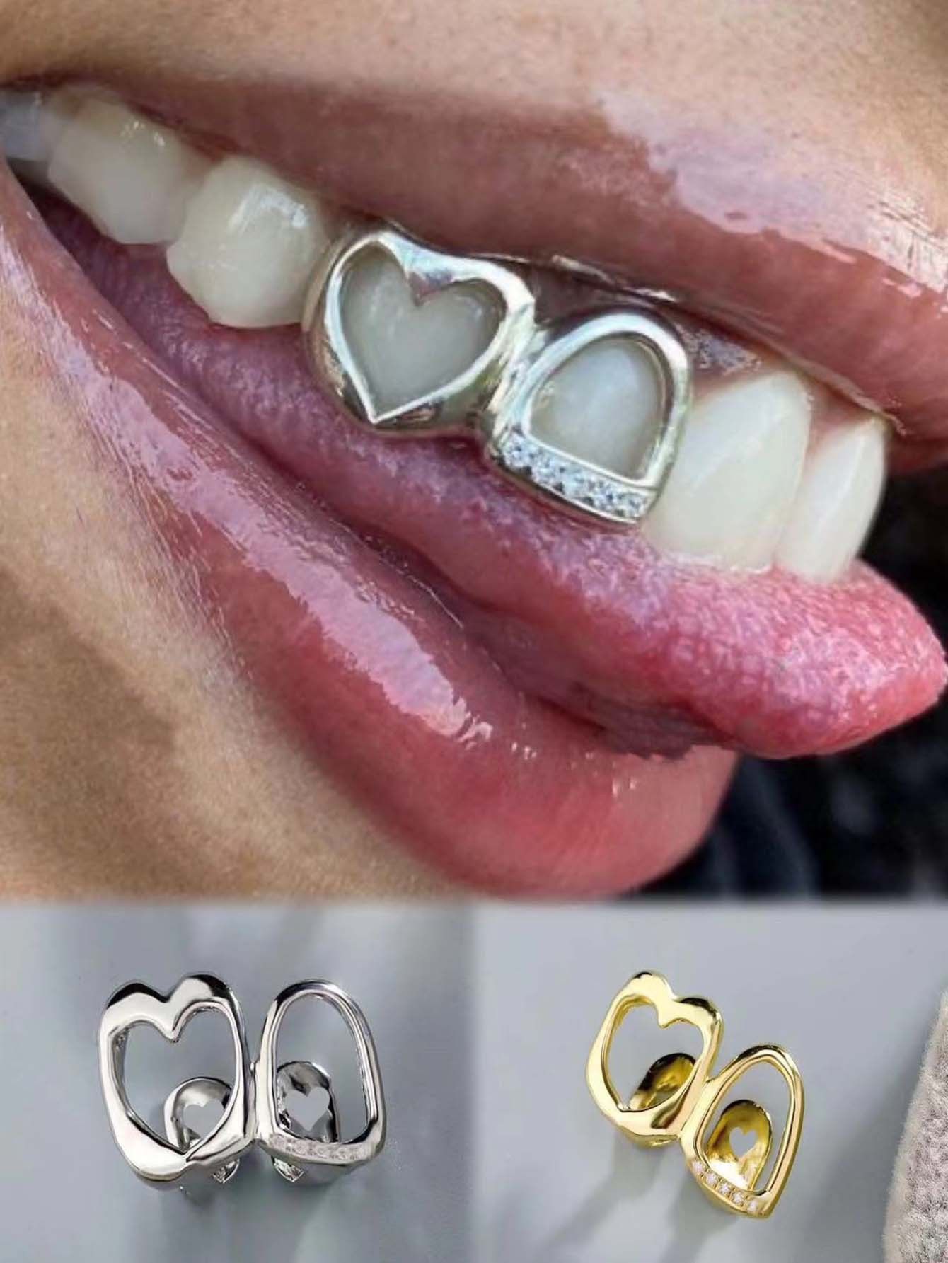 Cool Double Split Zirconium Alloy Tooth Grills Smooth Gold Teeth Hollow Heart Pattern Hip Hop Versatile Body Piercing Jewelry
