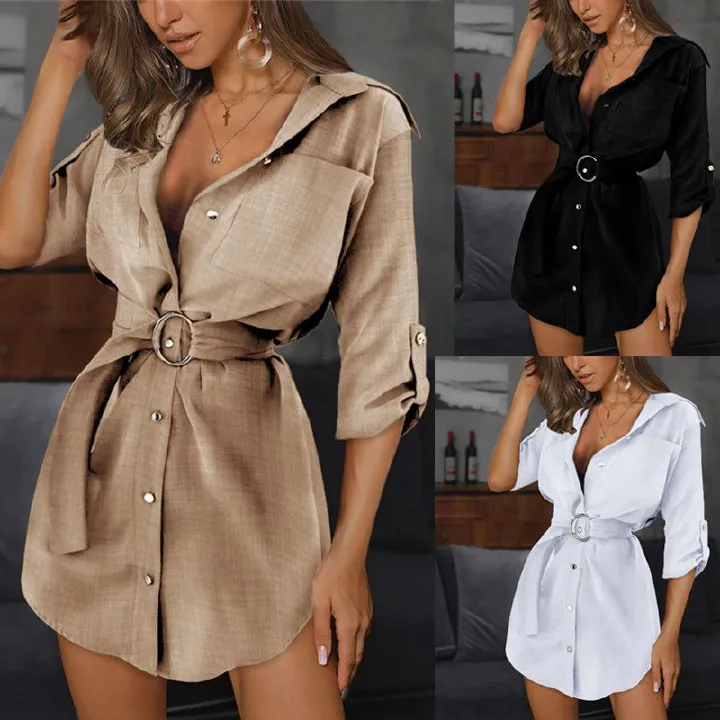 Elegant Shirt Dress Fashion Mini Dress Top Women Dress Deep V-neck Button Fold Over 3/4 Sleeve