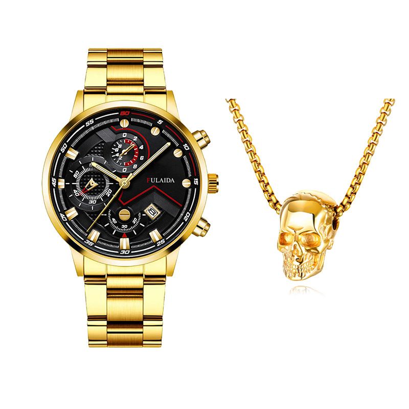 Fashion Mens Watches Luxury Quartz Wristwatch Calendar Luminous Clock Men Business Casual Watch +Gothic Hell Devil Skull Ghost Head Pendant Necklace 2PCS（1*watch1*bracelet2*necklace）
