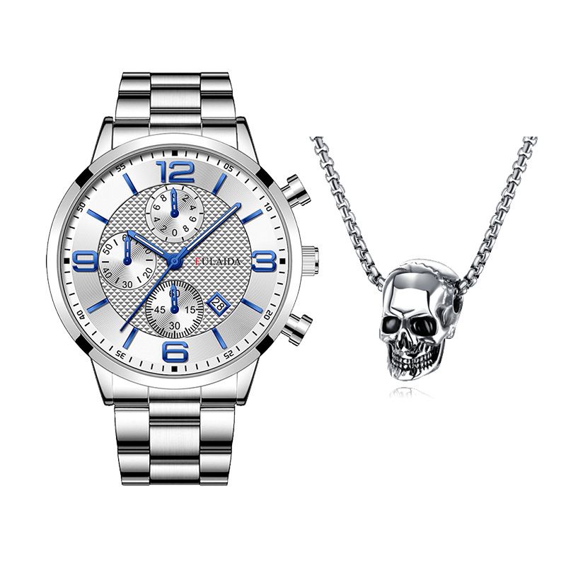 Fashion Mens Watches Luxury Quartz Wristwatch Calendar Luminous Clock Men Business Casual Watch +Gothic Hell Devil Skull Ghost Head Pendant Necklace 2PCS（1*watch1*bracelet2*necklace）