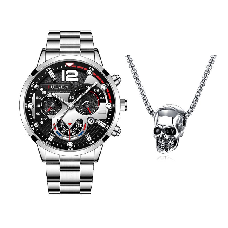 Fashion Mens Watches Luxury Quartz Wristwatch Calendar Luminous Clock Men Business Casual Watch +Gothic Hell Devil Skull Ghost Head Pendant Necklace 2PCS（1*watch1*bracelet2*necklace）