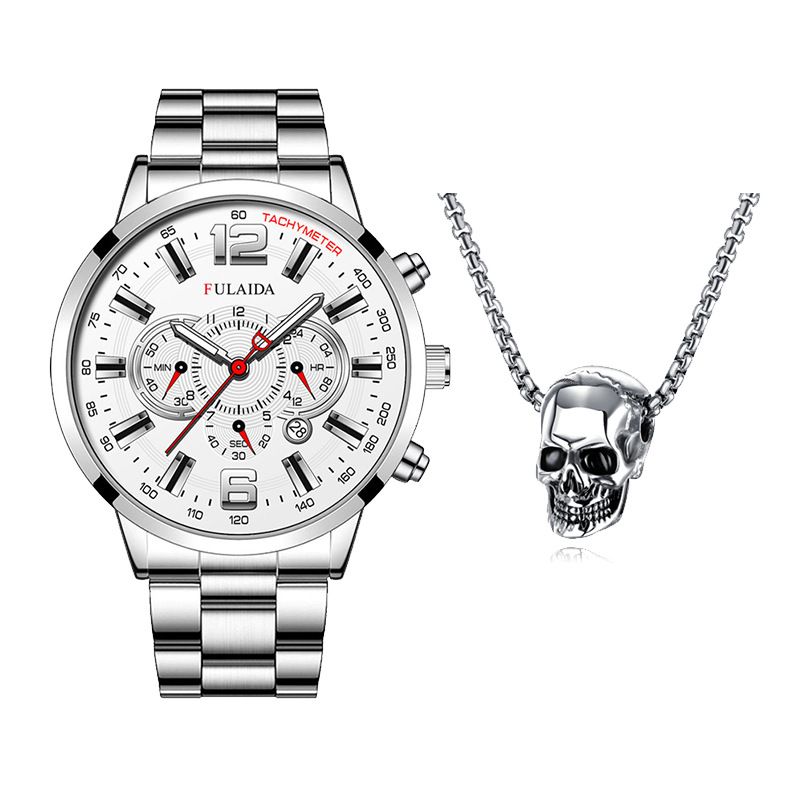 Fashion Mens Watches Luxury Quartz Wristwatch Calendar Luminous Clock Men Business Casual Watch +Gothic Hell Devil Skull Ghost Head Pendant Necklace 2PCS（1*watch1*bracelet2*necklace）