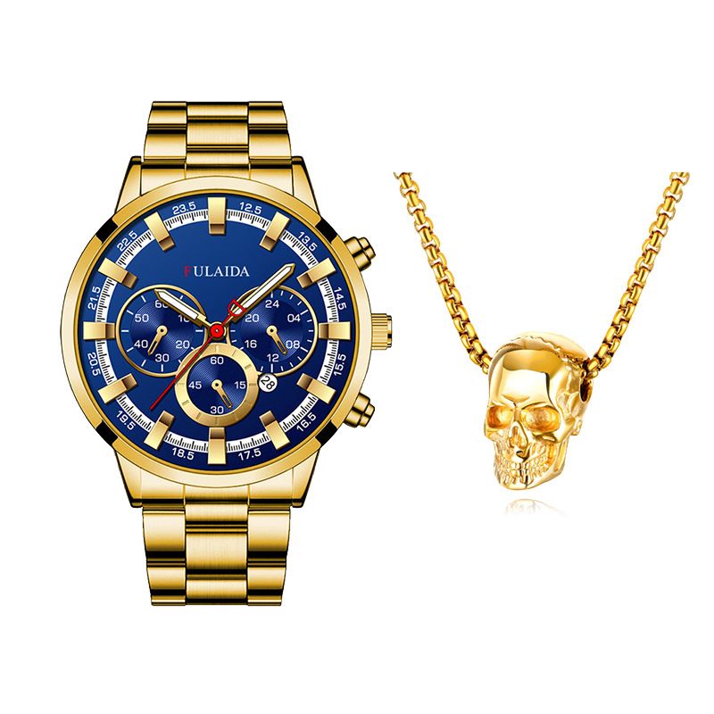 Fashion Mens Watches Luxury Quartz Wristwatch Calendar Luminous Clock Men Business Casual Watch +Gothic Hell Devil Skull Ghost Head Pendant Necklace 2PCS（1*watch1*bracelet2*necklace）