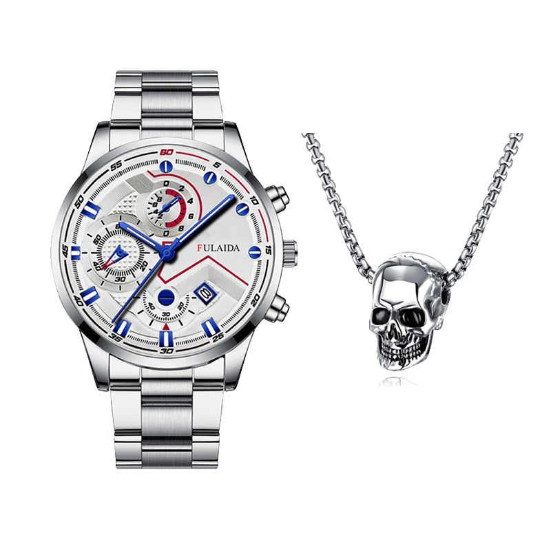 Fashion Mens Watches Luxury Quartz Wristwatch Calendar Luminous Clock Men Business Casual Watch +Gothic Hell Devil Skull Ghost Head Pendant Necklace 2PCS（1*watch1*bracelet2*necklace）