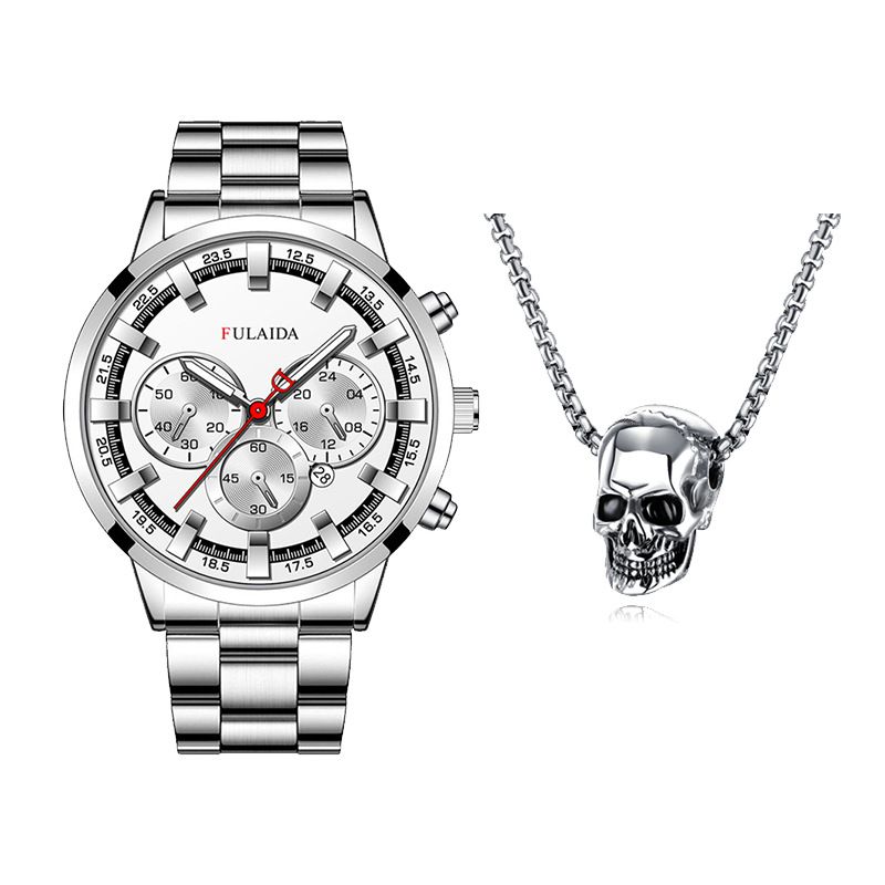 Fashion Mens Watches Luxury Quartz Wristwatch Calendar Luminous Clock Men Business Casual Watch +Gothic Hell Devil Skull Ghost Head Pendant Necklace 2PCS（1*watch1*bracelet2*necklace）