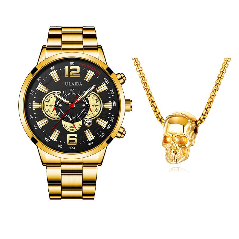 Fashion Mens Watches Luxury Quartz Wristwatch Calendar Luminous Clock Men Business Casual Watch +Gothic Hell Devil Skull Ghost Head Pendant Necklace 2PCS（1*watch1*bracelet2*necklace）
