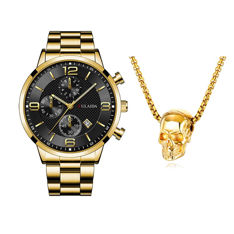 Fashion Mens Watches Luxury Quartz Wristwatch Calendar Luminous Clock Men Business Casual Watch +Gothic Hell Devil Skull Ghost Head Pendant Necklace 2PCS（1*watch1*bracelet2*necklace）