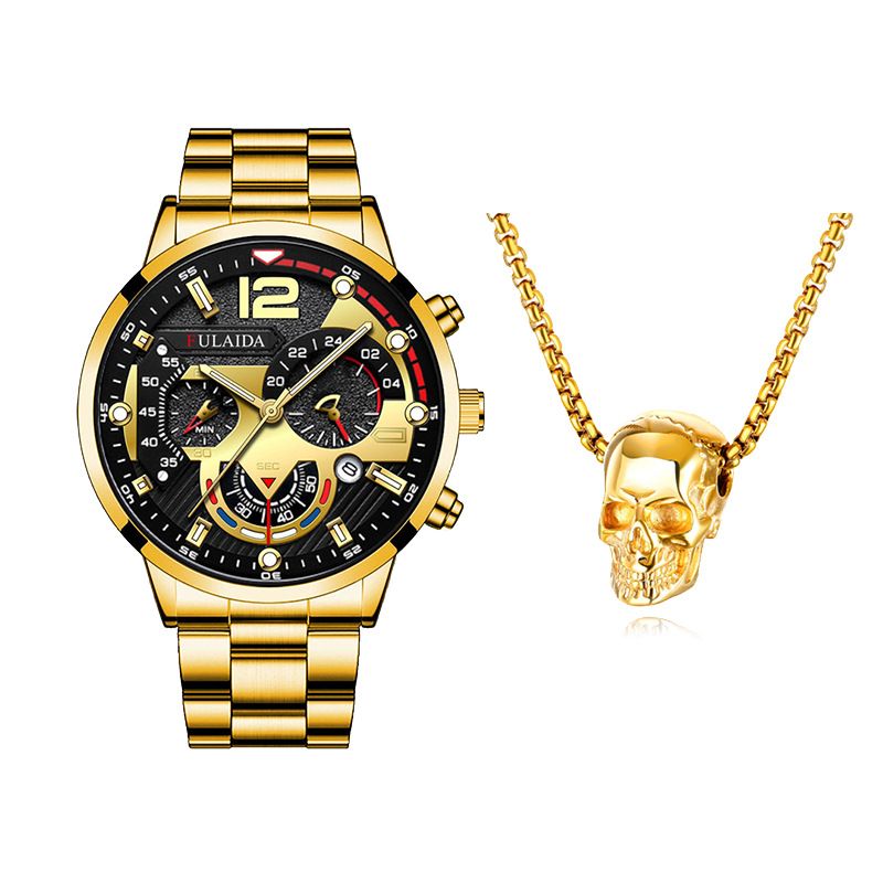 Fashion Mens Watches Luxury Quartz Wristwatch Calendar Luminous Clock Men Business Casual Watch +Gothic Hell Devil Skull Ghost Head Pendant Necklace 2PCS（1*watch1*bracelet2*necklace）