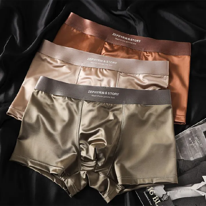 Luxury Summer Smooth Cool Ice Silk Satin-like Men's Boxershort Panties Solid Underpants Breathable Mesh Crotch Male Underwear