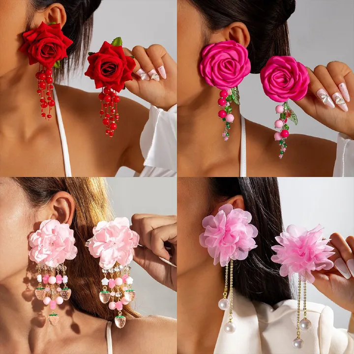 Bohemian Women Long tassel Earrings Simulation Rose Egg Flower Pendant Earrings Exquisite Party Jewelry Accessories