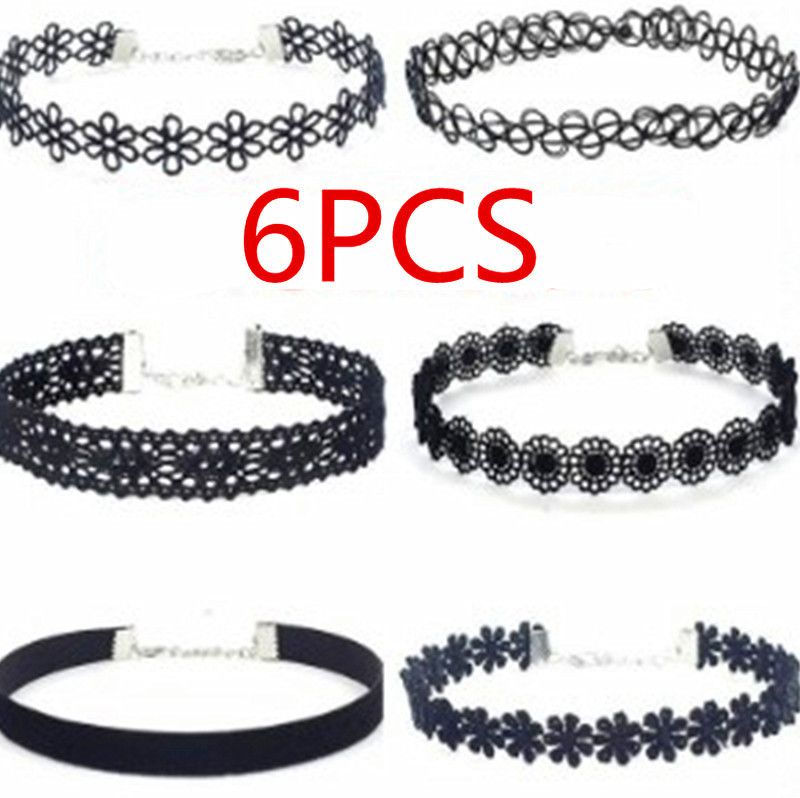 6Pcs/Set Black Lace Chokers Necklace Set Vintage Gothic Punk Elastic Necklace Women'S Jewelry 1Sets