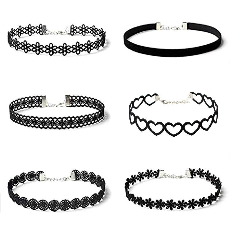 6Pcs/Set Black Lace Chokers Necklace Set Vintage Gothic Punk Elastic Necklace Women'S Jewelry 1Sets