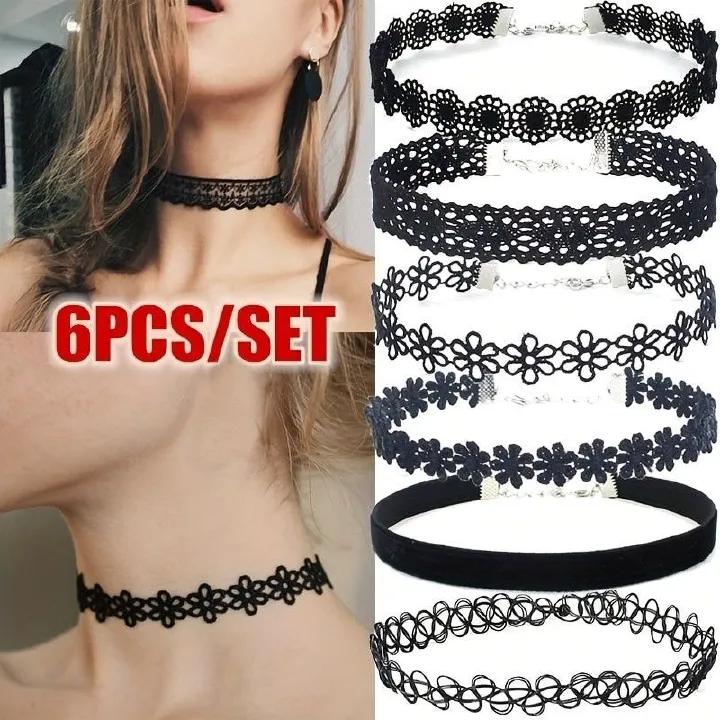 6Pcs/Set Black Lace Chokers Necklace Set Vintage Gothic Punk Elastic Necklace Women'S Jewelry 1Sets
