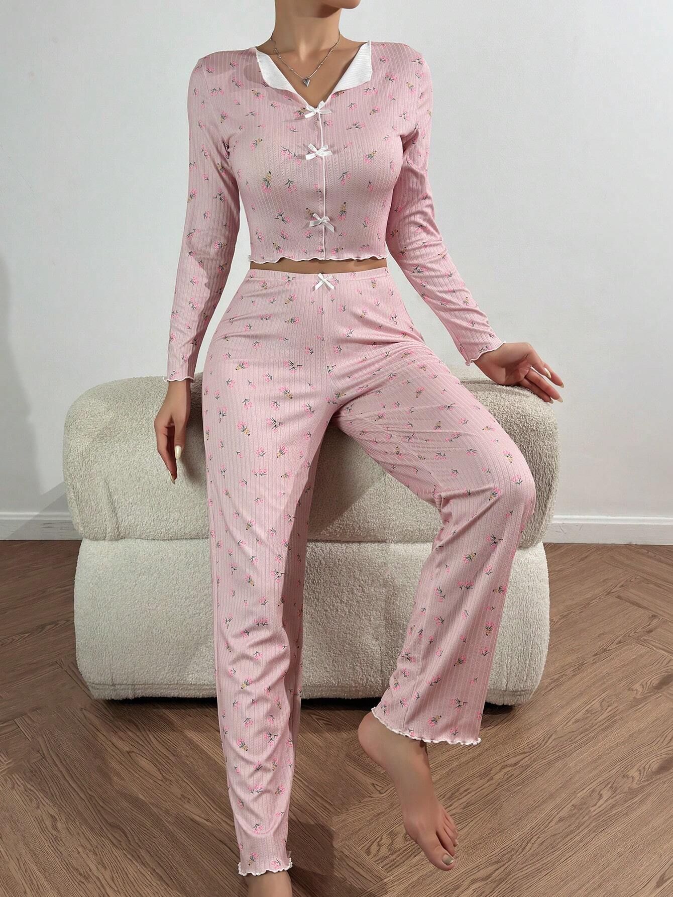 Autumn Winter Floral Print Pajamas Set for Women Sleepwear Long Sleeve Top and Long Pants 2 Piece Casual Homewear Loungewear