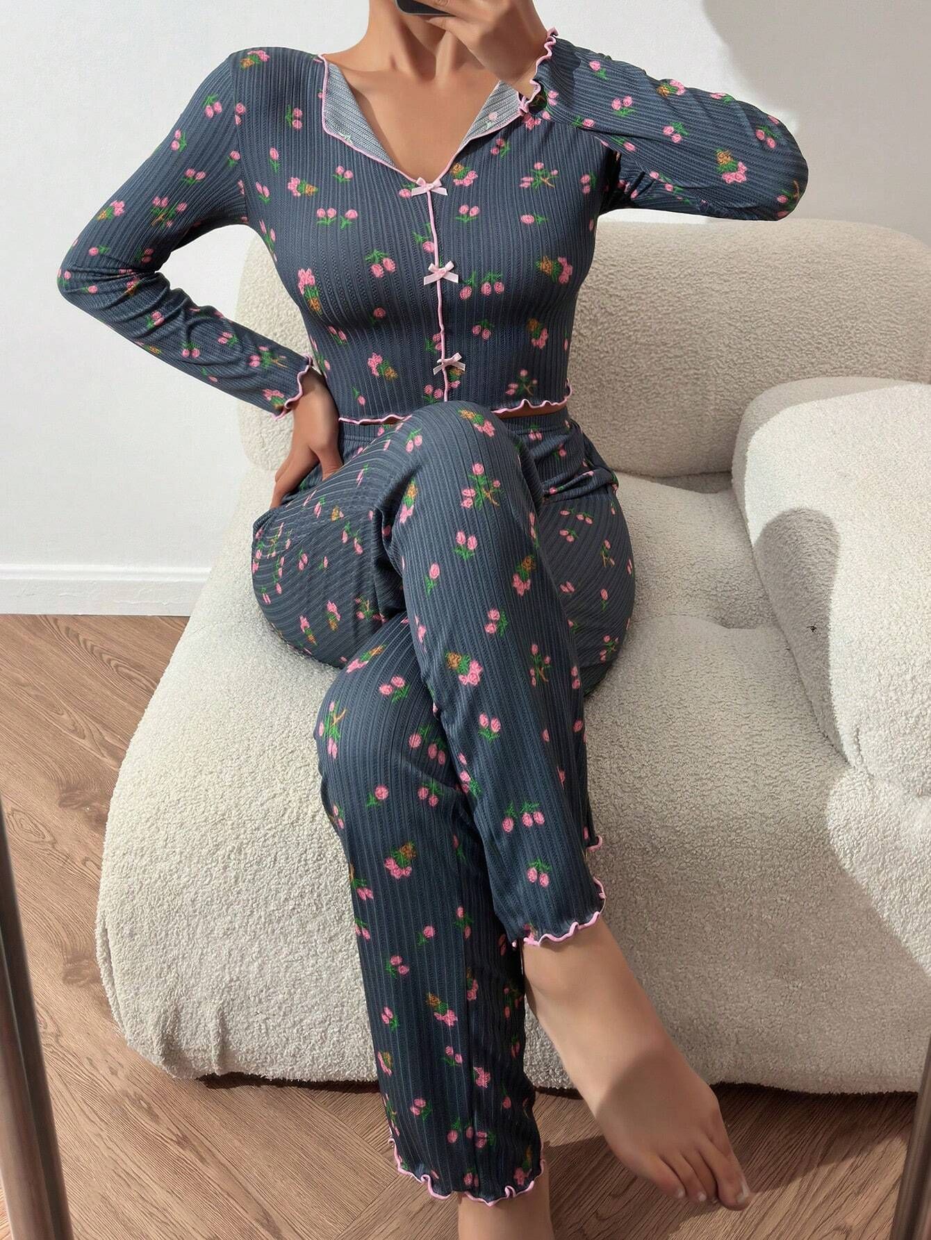 Autumn Winter Floral Print Pajamas Set for Women Sleepwear Long Sleeve Top and Long Pants 2 Piece Casual Homewear Loungewear