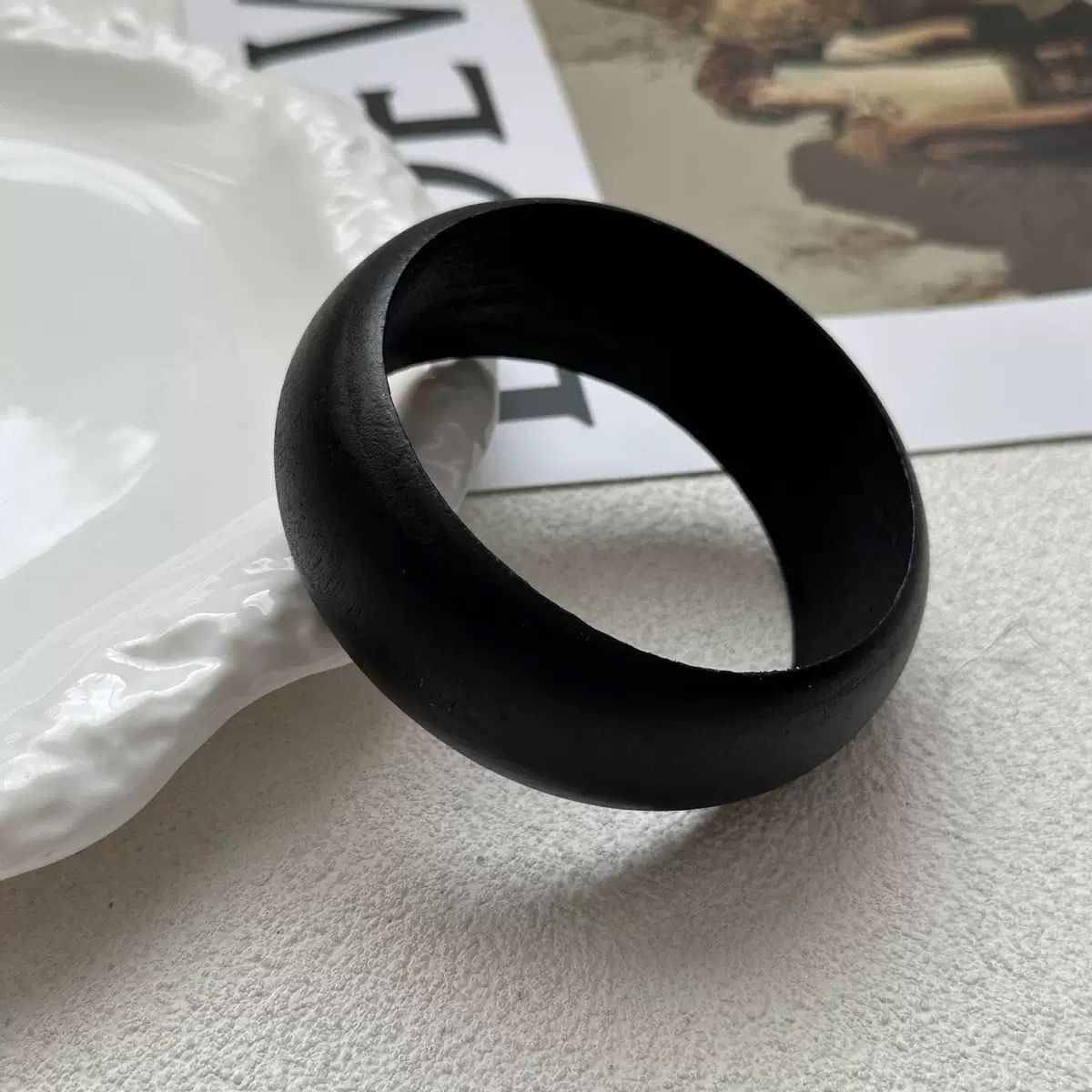 Minimalist Silvery Round Chunky Metal Cuff Bracelets Solid Black Wooden Wide Bangles Hip Hop Rock Geometric Wristbands Jewelry