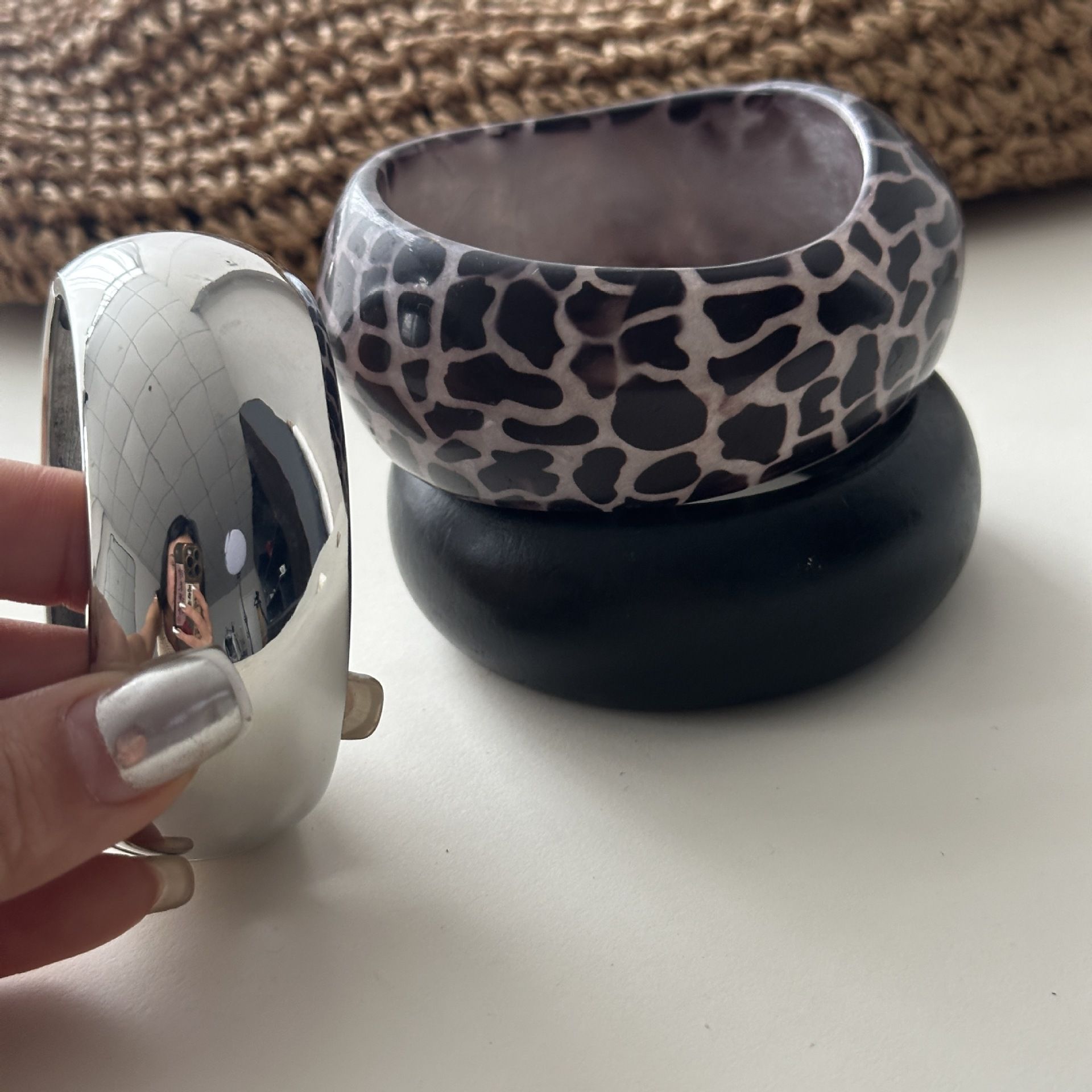 Minimalist Silvery Round Chunky Metal Cuff Bracelets Solid Black Wooden Wide Bangles Hip Hop Rock Geometric Wristbands Jewelry