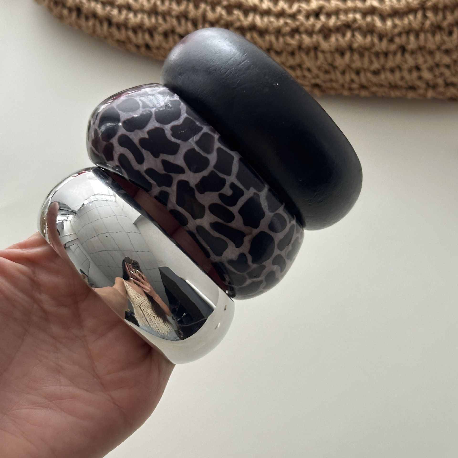 Minimalist Silvery Round Chunky Metal Cuff Bracelets Solid Black Wooden Wide Bangles Hip Hop Rock Geometric Wristbands Jewelry