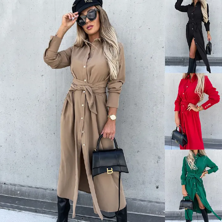New Autumn Winter Long Skirt Solid Color Shirt Long Sleeve Women's Dress Fashion Waist Strap Elegant Female Office Dress