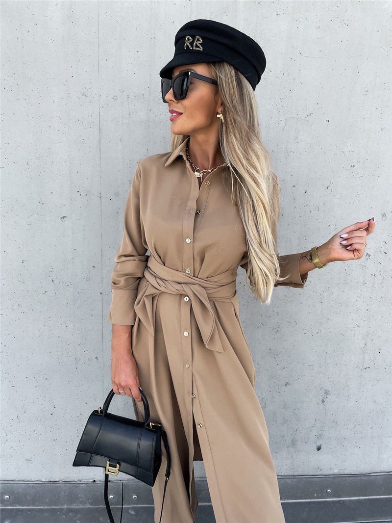 New Autumn Winter Long Skirt Solid Color Shirt Long Sleeve Women's Dress Fashion Waist Strap Elegant Female Office Dress
