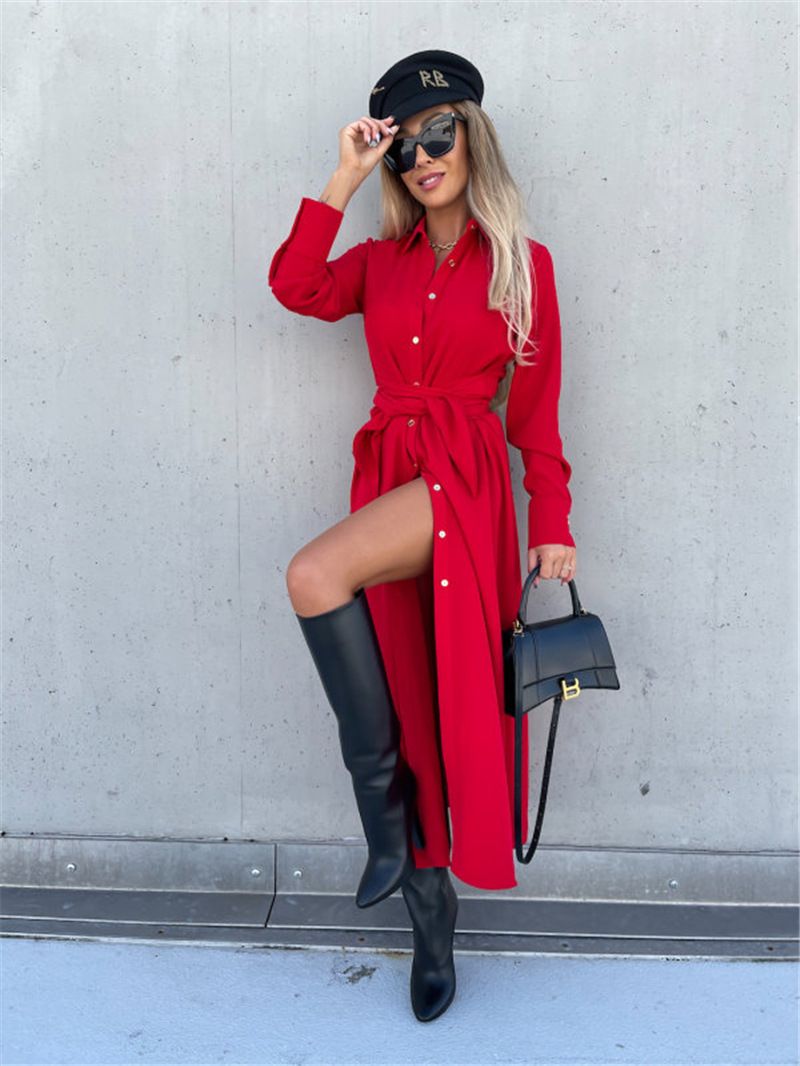 New Autumn Winter Long Skirt Solid Color Shirt Long Sleeve Women's Dress Fashion Waist Strap Elegant Female Office Dress