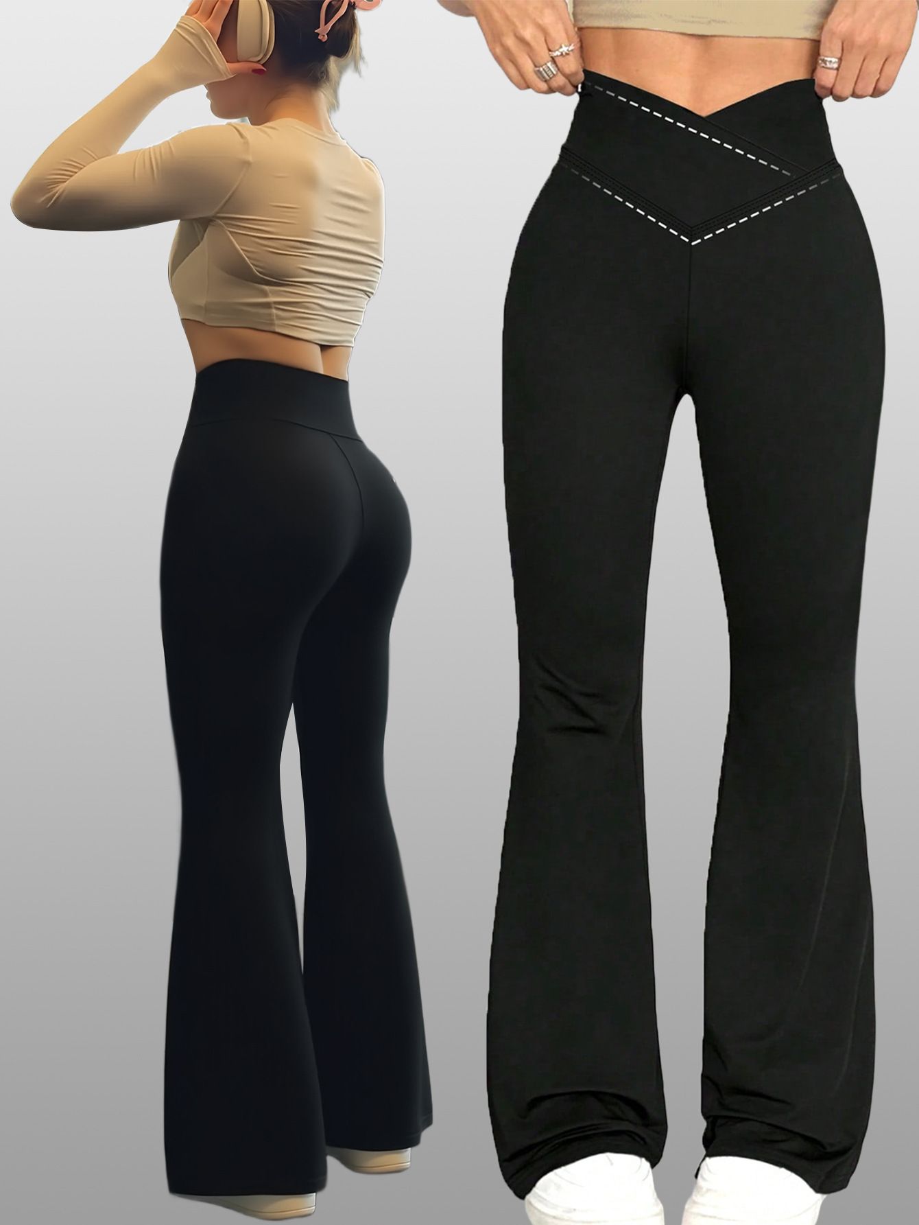 Women Flared Pants Elegant Office Lady Casual High Waist Trousers Spring Summer Solid Crisscross Sheer Mesh Patch Wide Leg Pant