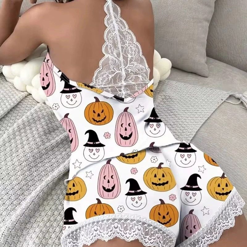 Two-piece fashionable and sexy women's pajamas set, erotic pajamas set with lace, printed shorts, soft pajamas, home wear