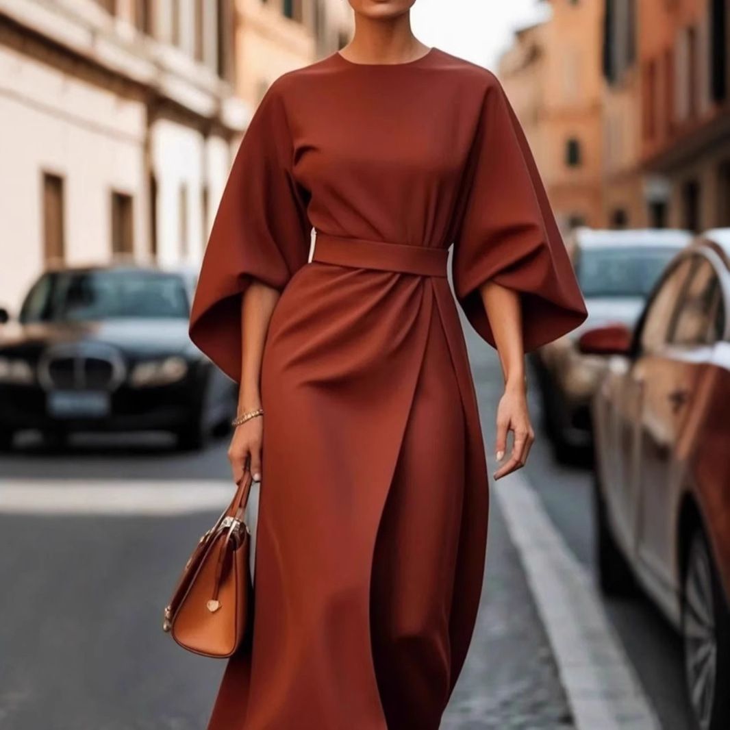European And American Style Elegant Temperament Pure Color Fitted Waist Casual Batwing Sleeve Long Dress