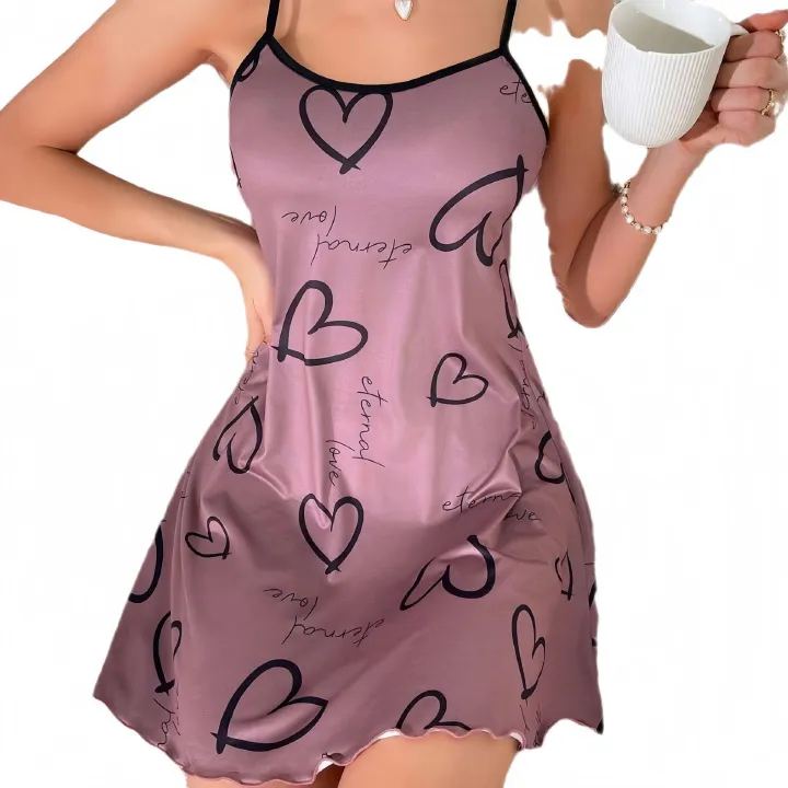 Women's Latest Sexy Silky Sling Night Dress | European Style Heart/Butterfly Print | Comfortable Women's Sleepwear Loungewear Nightgown