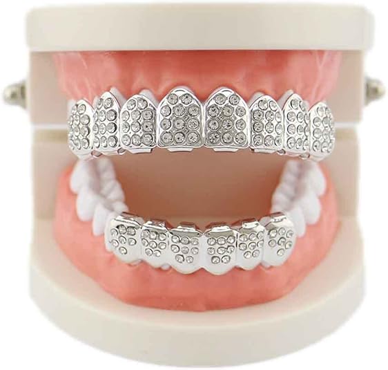 New arrival 2pcs sets of 8 top & 6 bottom teeth grillz tooth man/woman hip hop rapper iced out bling bling grillz teeth party cosmetic teeth grillz valentine gift for him/her         er