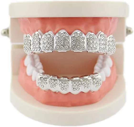 New arrival 2pcs sets of 8 top & 6 bottom teeth grillz tooth man/woman hip hop rapper iced out bling bling grillz teeth party cosmetic teeth grillz valentine gift for him/her         er