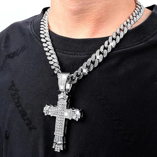 iced cross pendant necklace hip hop fashion necklace jewelry for men/women cross pendant cuban chain necklace for man/woman