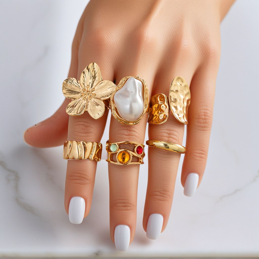 Chunky Knuckle Gold Stacking Ring jewelry set for women, boho statement ring with adjustable open band for all fingers Flower Ring baroque pearl ring,daily and party jewelry valentines gift for ladies