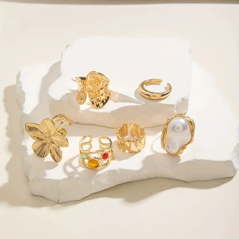 Chunky Knuckle Gold Stacking Ring jewelry set for women, boho statement ring with adjustable open band for all fingers Flower Ring baroque pearl ring,daily and party jewelry valentines gift for ladies