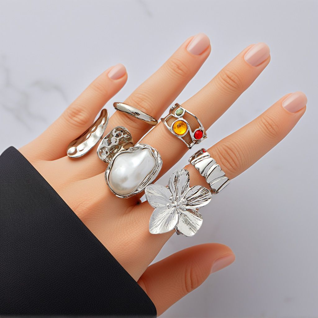 Chunky Knuckle Gold Stacking Ring jewelry set for women, boho statement ring with adjustable open band for all fingers Flower Ring baroque pearl ring,daily and party jewelry valentines gift for ladies