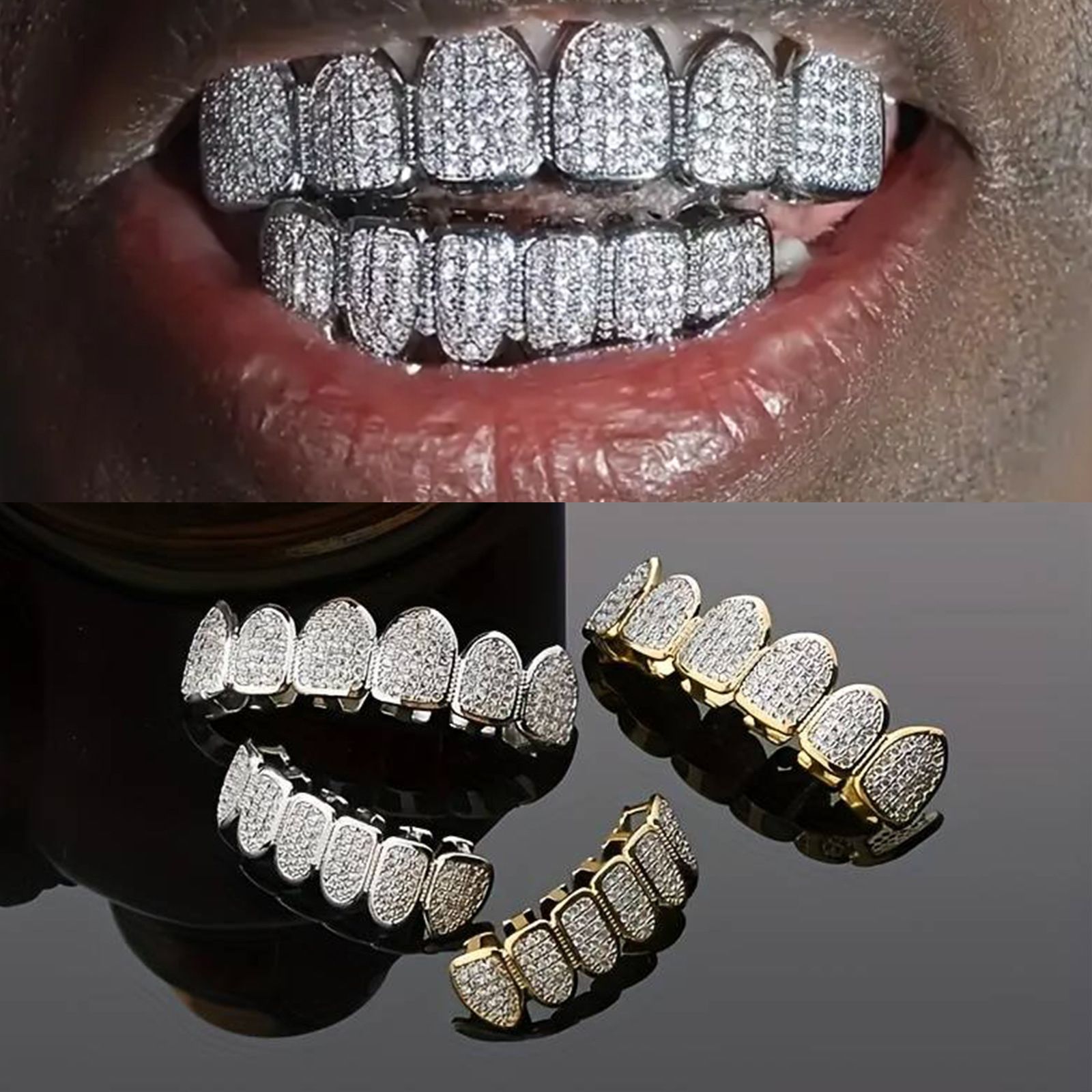Iced Tooth/Teeth Grillz Caps with Full Handmade 5A + CZ diamond Hip Hop Teeth Grillz body Jewelry Accessories Gifts for Rapper Music Lovers