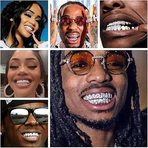 Iced Tooth/Teeth Grillz Caps with Full Handmade 5A + CZ diamond Hip Hop Teeth Grillz body Jewelry Accessories Gifts for Rapper Music Lovers