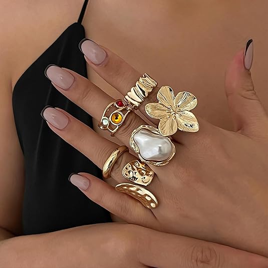 Chunky Knuckle Gold Stacking Ring jewelry set for women, boho statement ring with adjustable open band for all fingers Flower Ring baroque pearl ring,daily and party jewelry valentines gift for ladies