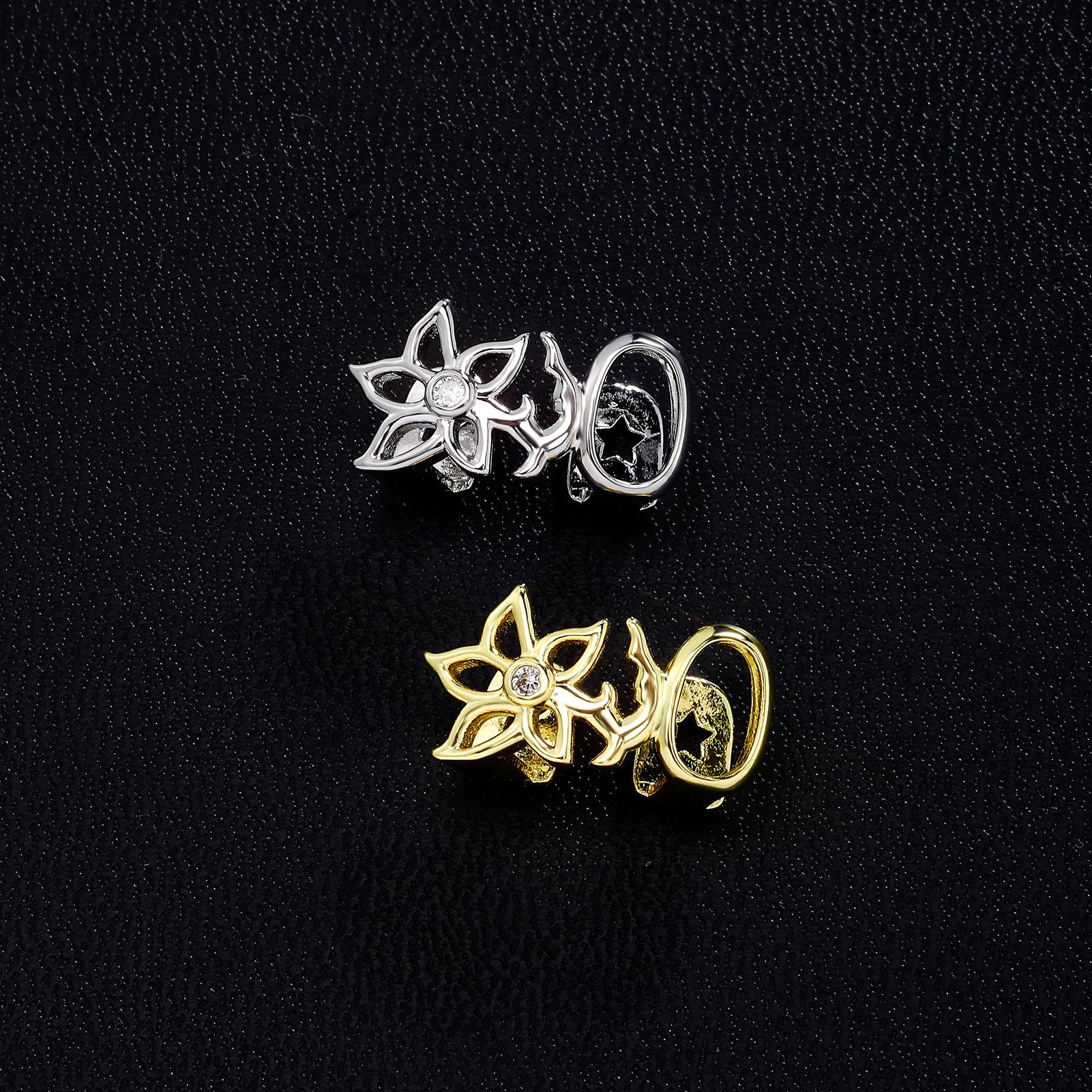 Tooth Grillz for women flower open face tooth caps with CZ Brass with 14K gold plated teeth grillz