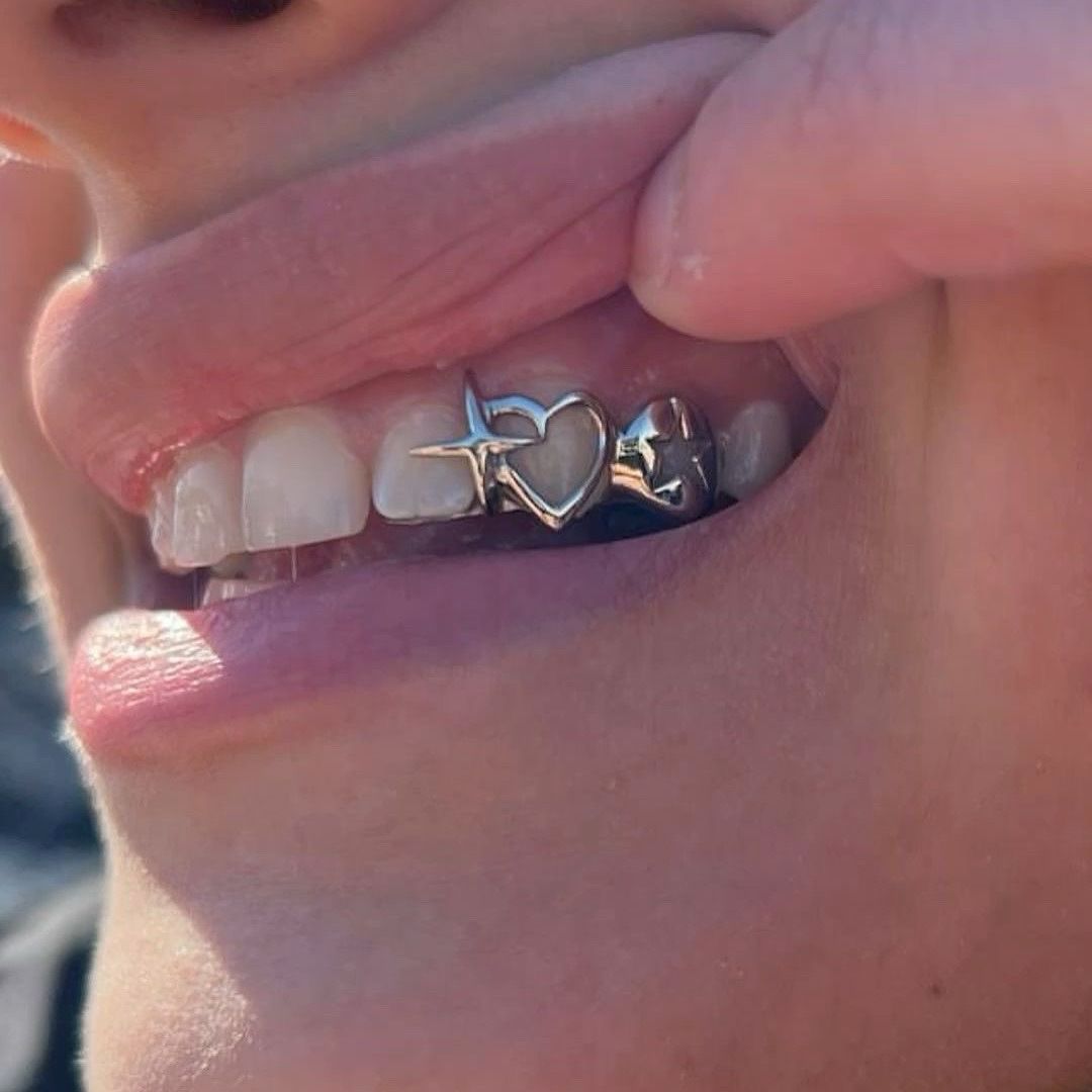 Teeth Grillz for Men/Women Cross Teeth caps with 18K Golden plated Tooth Jewelry Cross Heart Mouth Grills Hip Hop Outfits Body Jewelry Fashion Accessories for Men/Women
